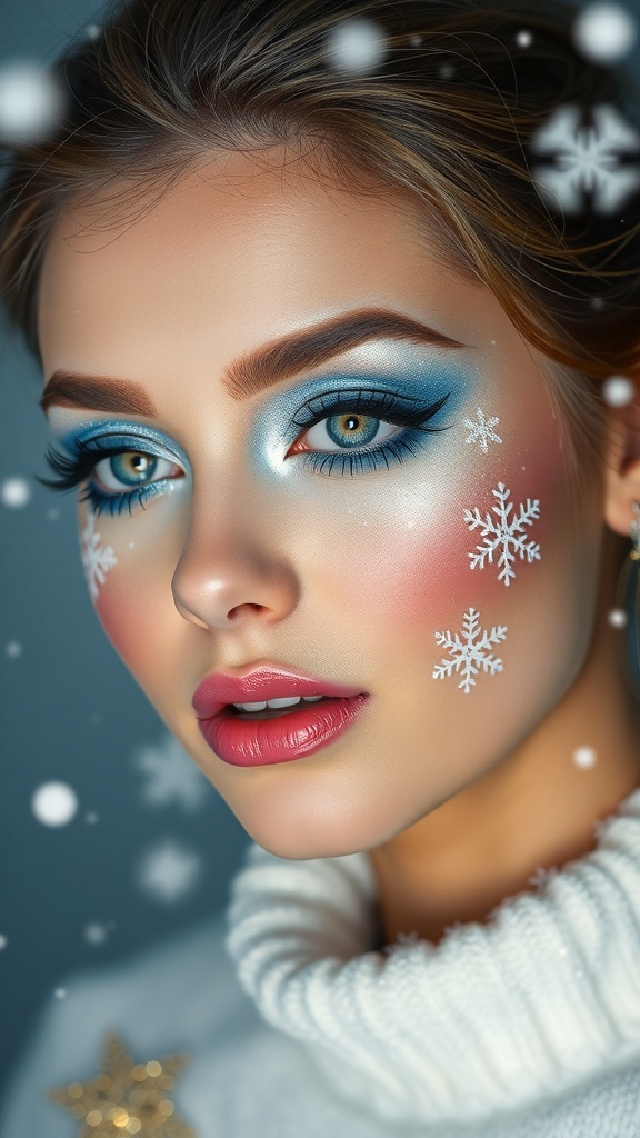 Snowflake Christmas makeup with blue and white colors, featuring snowflake designs on the cheeks.